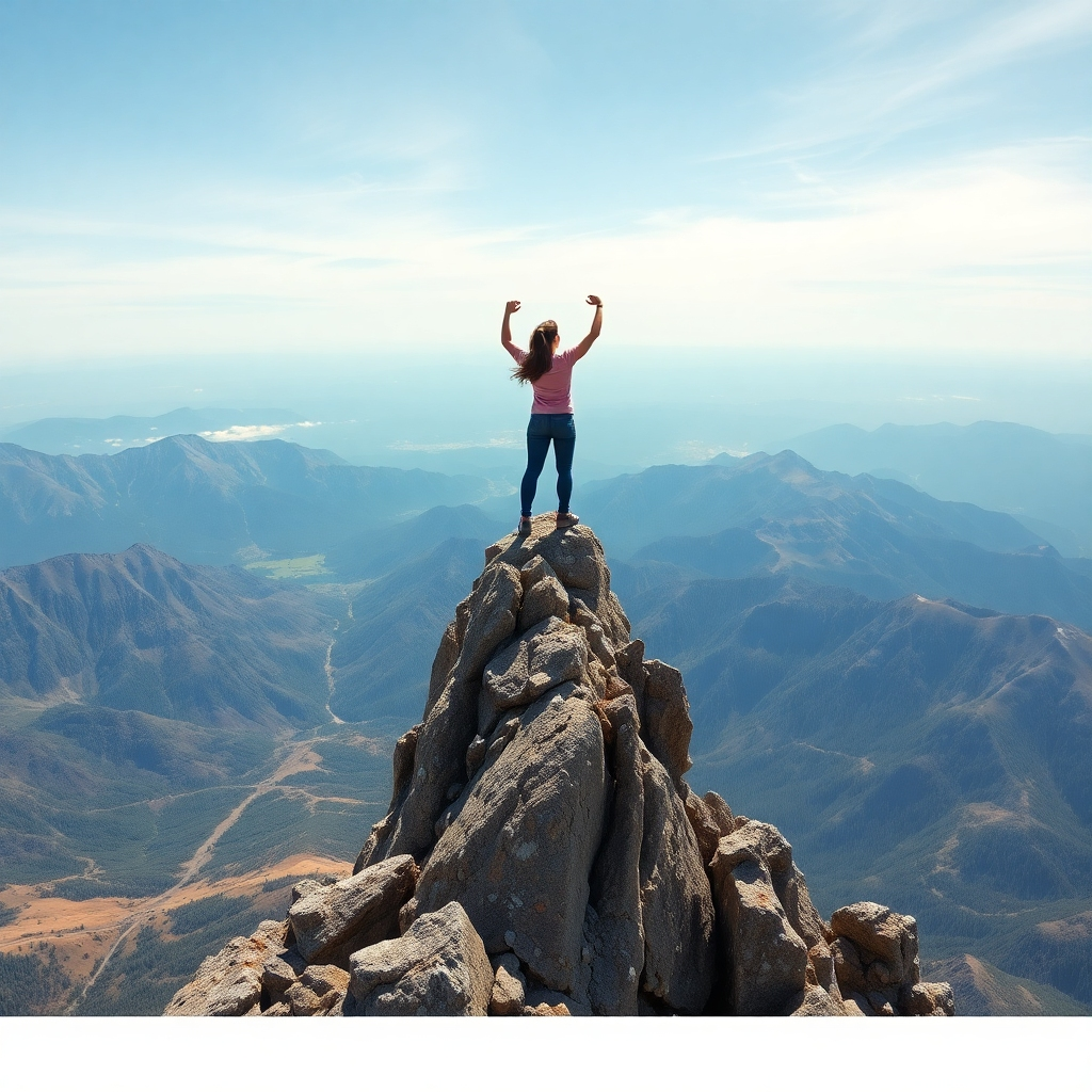 Show a person confidently standing on top of a mountain, overlooking a vast landscape. They exude strength and resilience. Style: Photorealistic, powerful.
