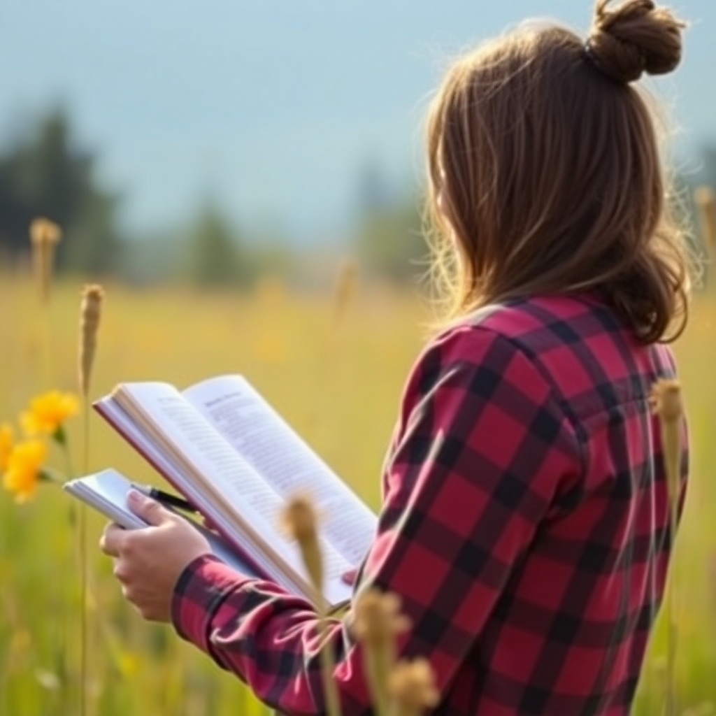 Show a person expressing gratitude, perhaps by journaling or spending time in nature. The focus is on their appreciation for the simple things in life. Style: Photorealistic, serene.