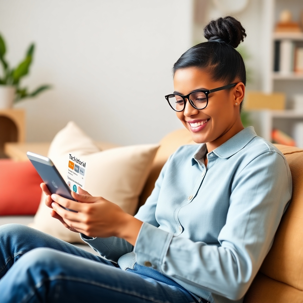 Show a person smiling and easily navigating a tech tutorial on their device. The tutorial is clear, concise, and visually appealing. Use bright, friendly colors to create a welcoming atmosphere. The setting is a comfortable and inspiring learning environment. Style: Clean, modern, and user-friendly.