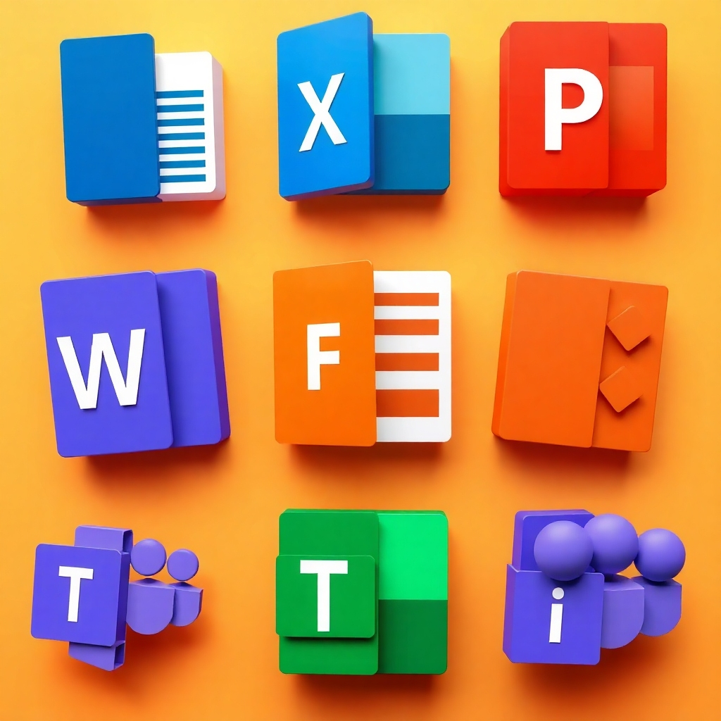 Show a visually appealing arrangement of Microsoft Office icons (Word, Excel, PowerPoint, Teams) arranged in a dynamic and engaging way. Use vibrant colors and a clean background. The image should convey a sense of power and efficiency. Style: Modern, high-tech, and visually appealing.