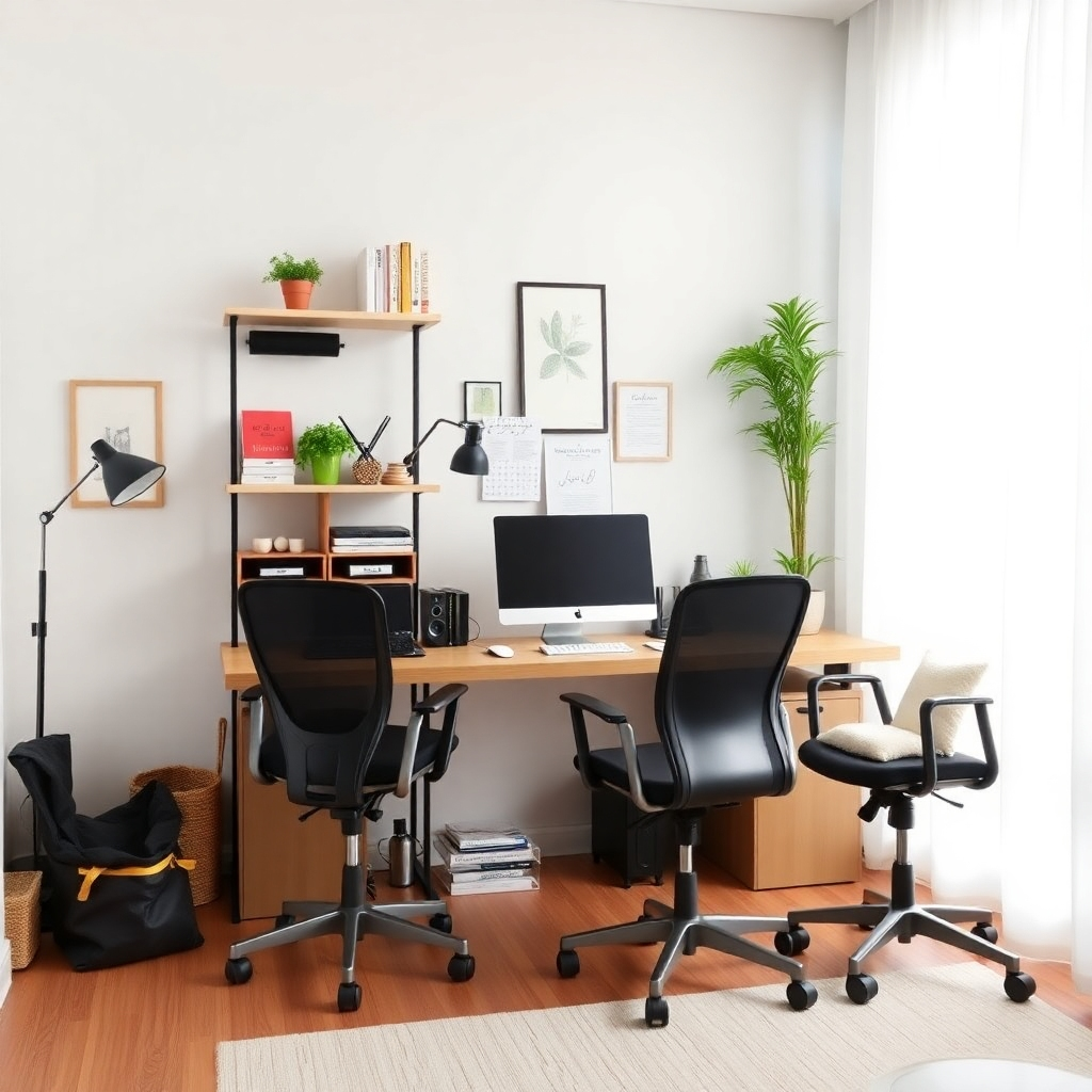 Show a well-organized and inviting home office setup. The desk is clean and clutter-free, with ergonomic equipment and comfortable accessories. Soft, natural light fills the room. The image should convey a sense of calm, focus, and productivity. Style: Photorealistic, emphasizing comfort and efficiency.