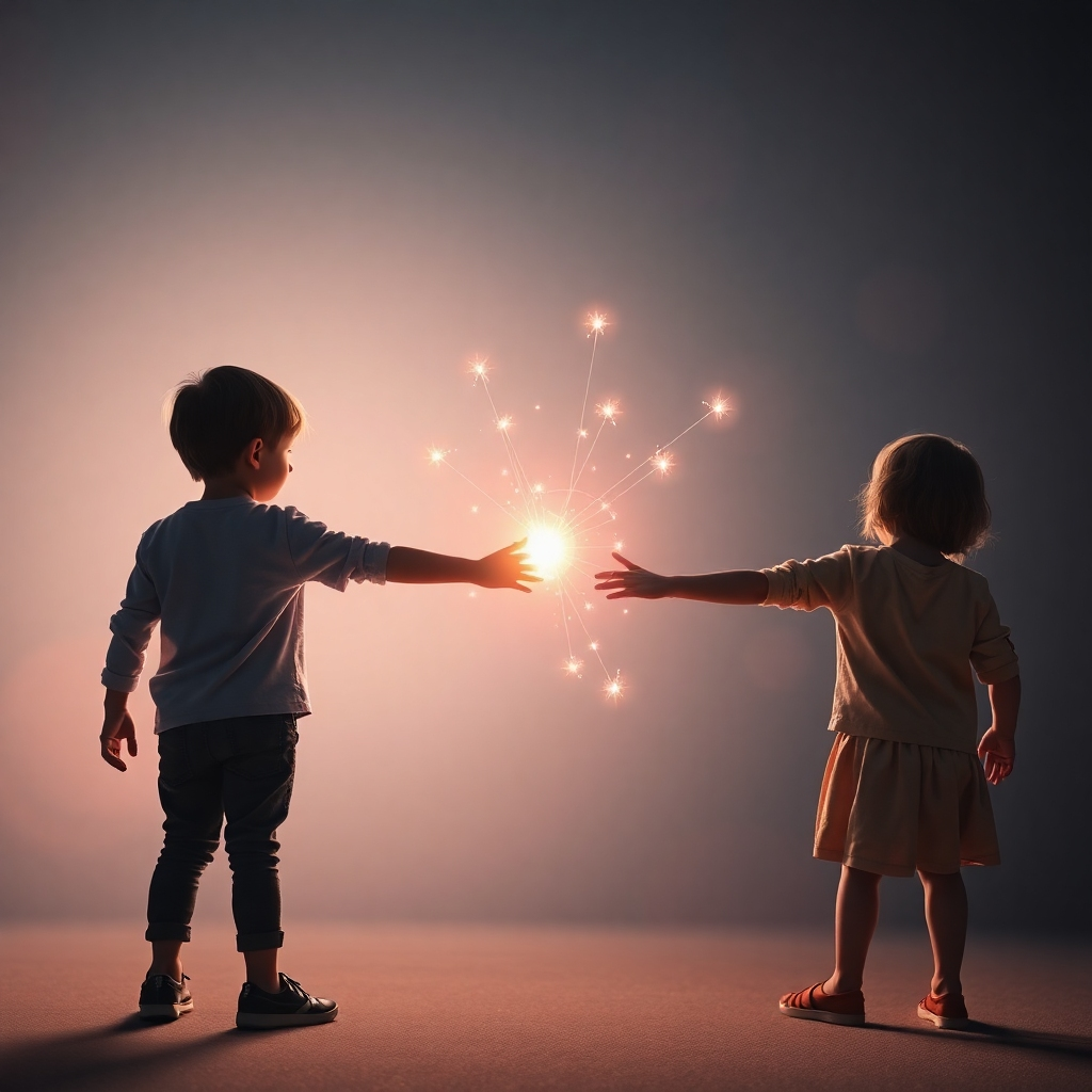 Show two children holding hands, even though they are far apart from each other. A subtle, glowing energy connects them, illustrating the concept of quantum entanglement. Use soft, ethereal lighting and a sense of connection in 4K.