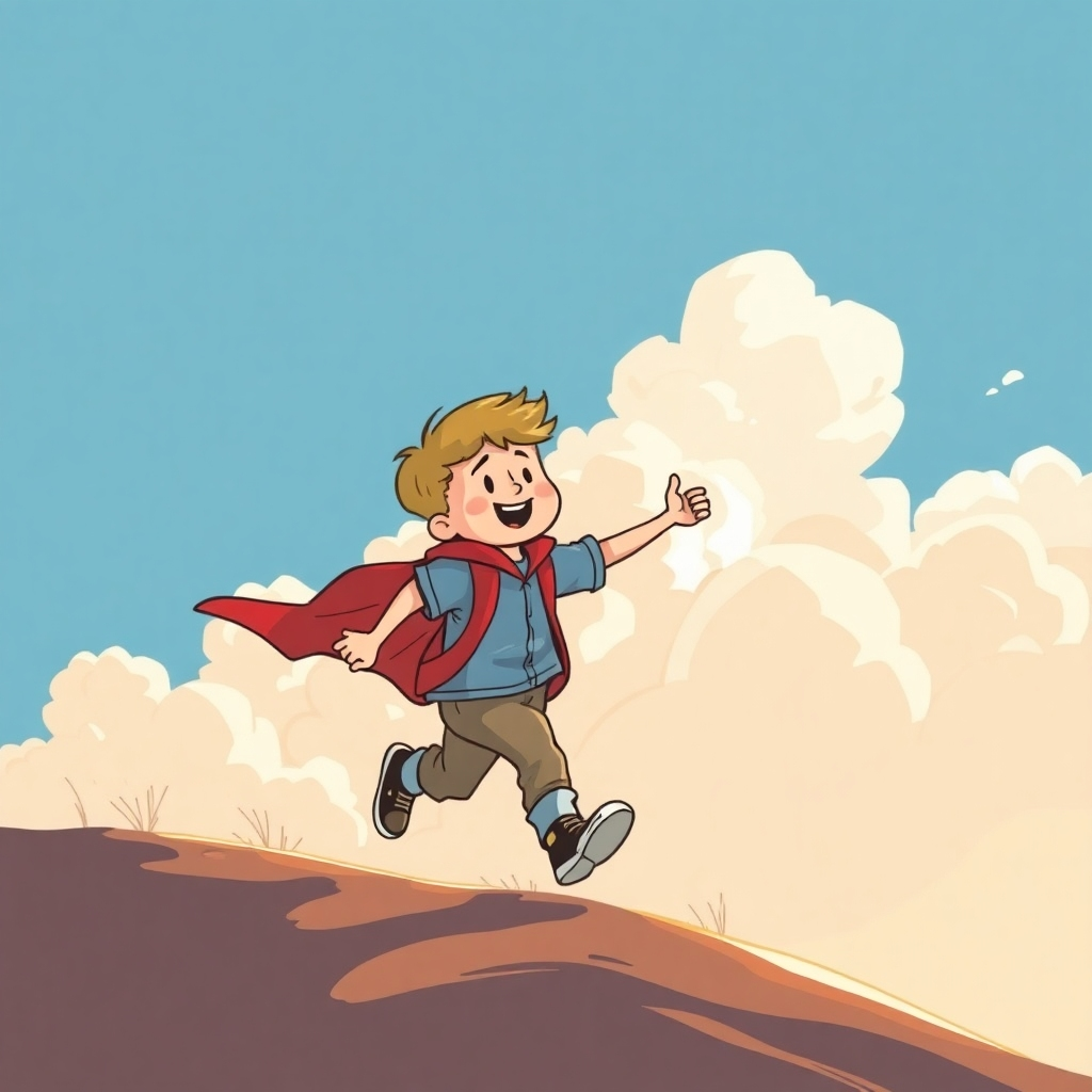 Stylized illustration: A child confidently striding forward, leaving behind clouds of worry and doubt. The style should be creative, with a sense of movement and determination.