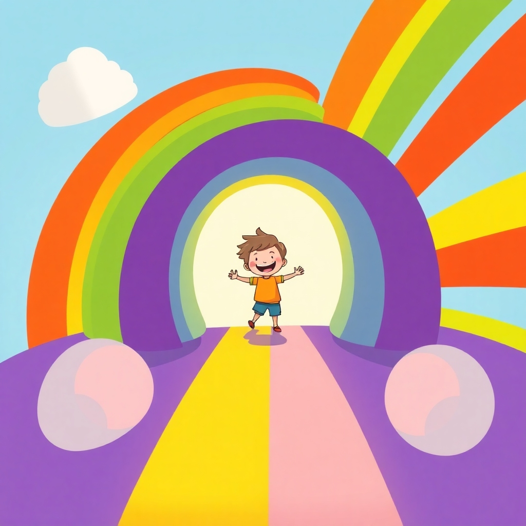 Stylized illustration: A colorful rainbow leading to a happy child, symbolizing a journey towards happiness and achievement. Include vibrant colors, whimsical style, and a playful, creative composition. Focus on high contrast and creative lighting.