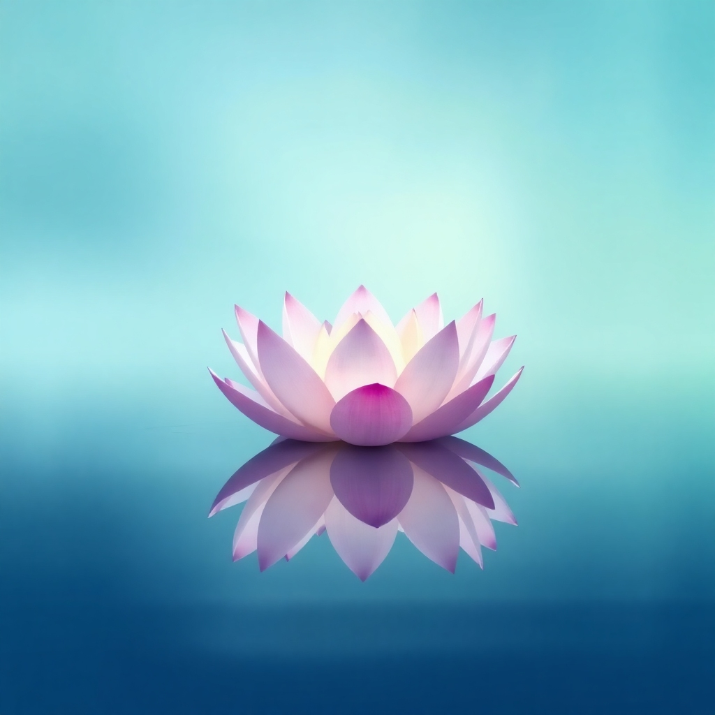 Stylized image: A calm, peaceful scene – perhaps a lotus flower floating on a still pond, symbolizing inner peace and tranquility. Color palette: Soft blues, greens, and purples. Style: Serene and meditative. Technical specs: 4K resolution