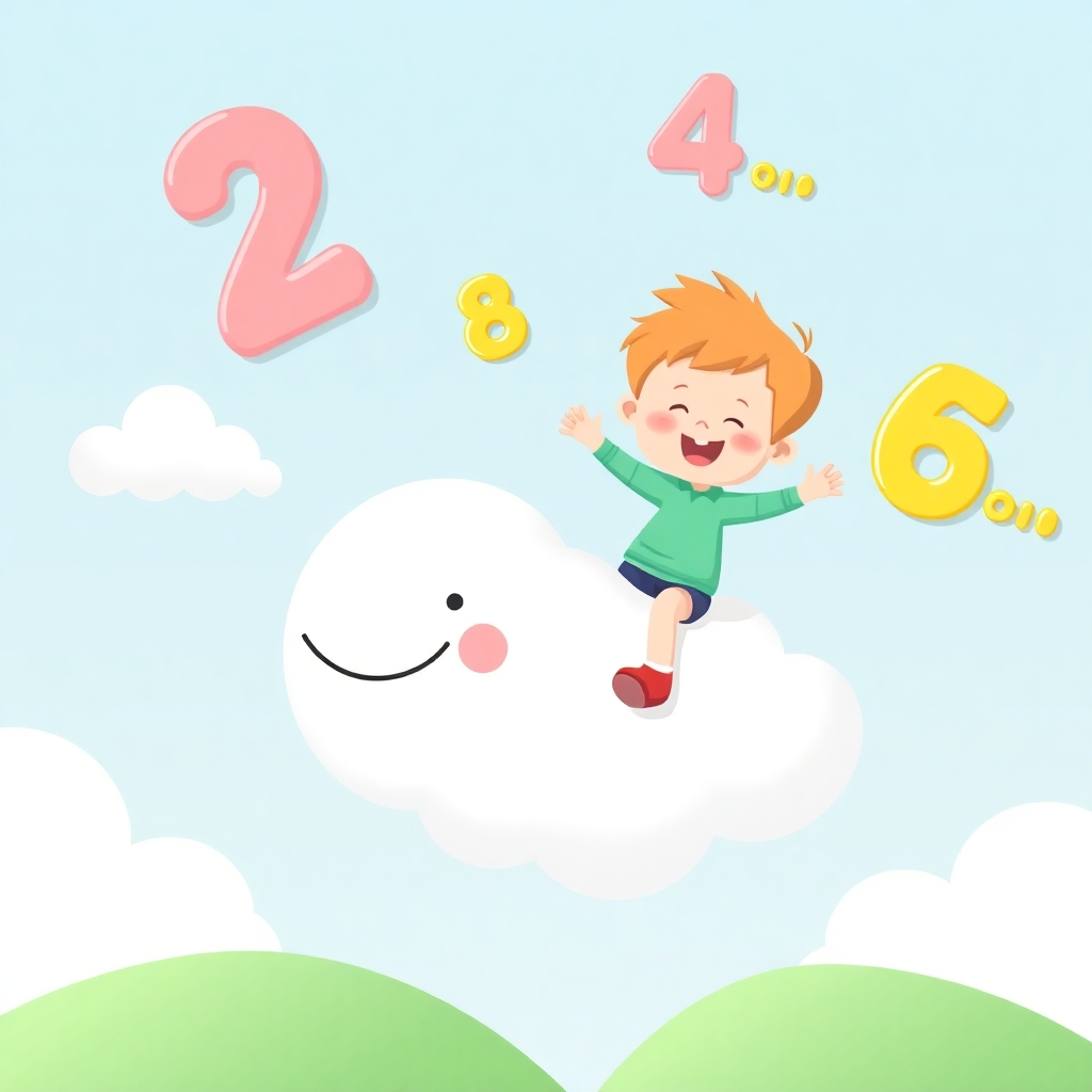Stylized image: A child riding a friendly cloud, with numbers "2, 4, 6..." floating around. Resolution: 4K. Style: Playful, child-friendly.