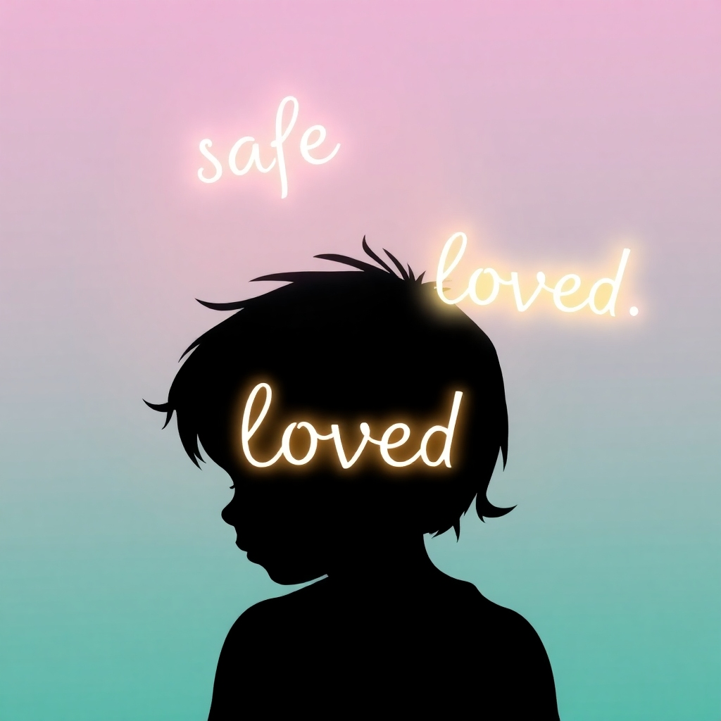 Stylized image: A child's silhouette is shown with glowing, gentle words such as "safe" and "loved" floating around them, in a soft, pastel color scheme. 4K resolution. Style: Dreamlike, soft colors, focus on typography.