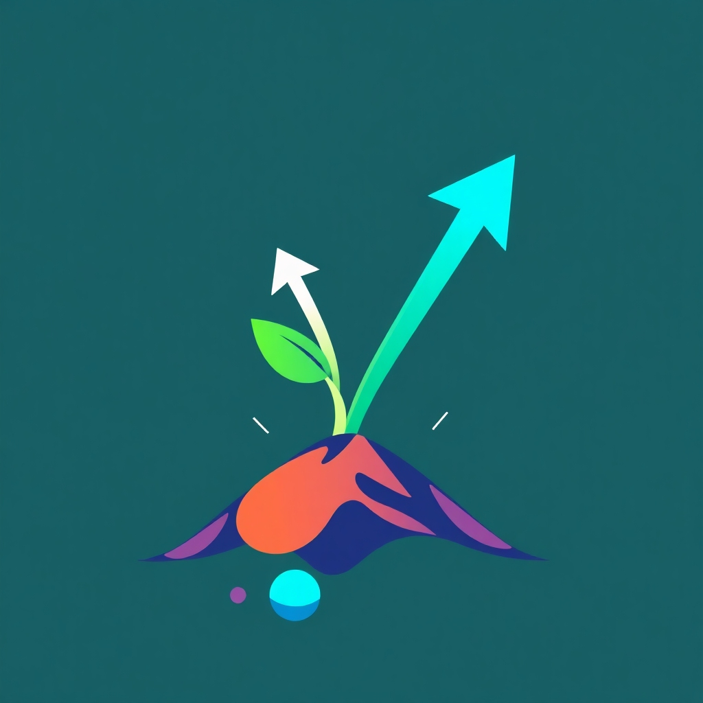 Stylized image: Abstract representation of growth and progress, possibly a plant sprouting from the ground, with upward-pointing arrows. Color palette: Vibrant greens and blues. Style: Abstract and dynamic. Technical specs: 4K resolution