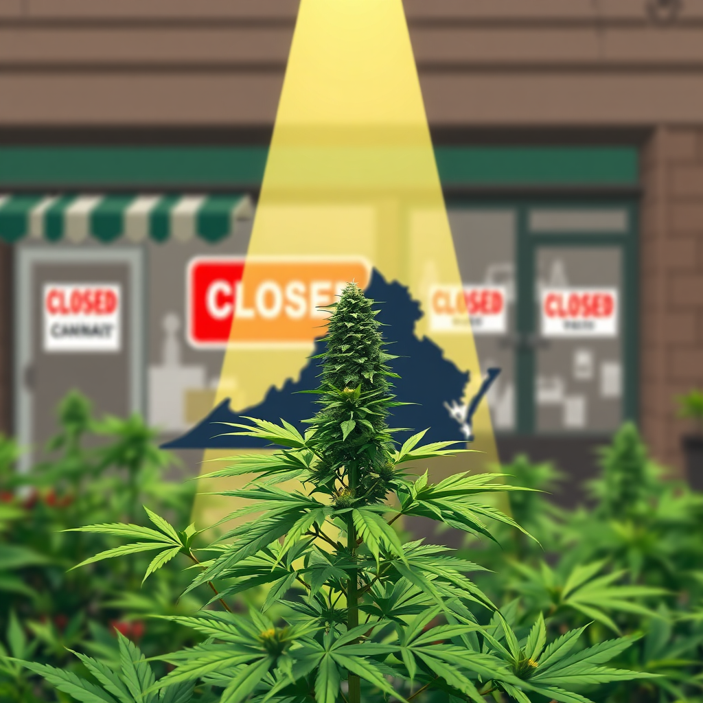 Stylized image depicting a symbolic representation of Virginia's cannabis laws. The foreground shows a healthy cannabis plant flourishing in a home garden setting. In the background, a blurred depiction of retail storefronts with 'closed' signs subtly visible. A beam of light shines on the home garden, representing the legal home grow option. The overall color scheme should be balanced, with vibrant greens contrasted by muted tones in the background. The image should convey a sense of opportunity and empowerment within the constraints of the current legal landscape. Consider a slightly abstract, illustrative style. 4K resolution, high quality.