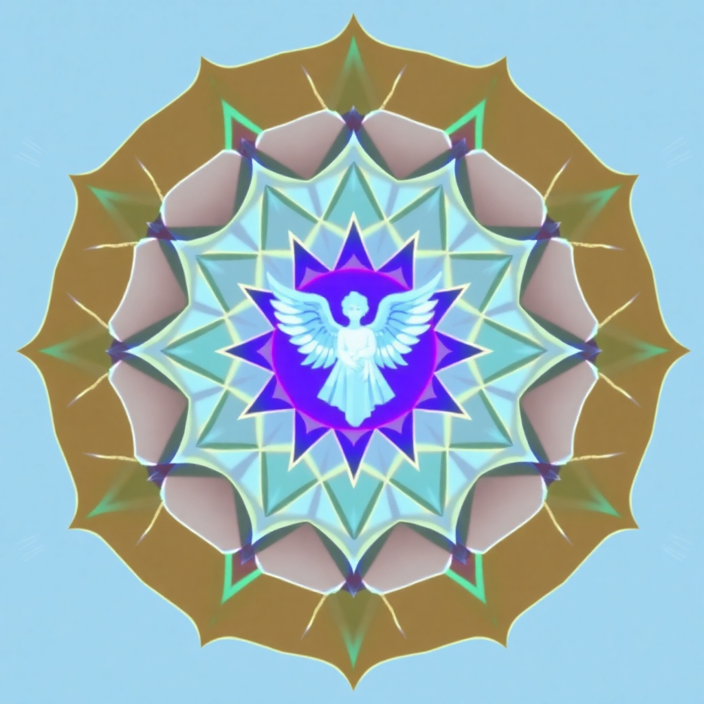 Stylized image featuring a series of interconnected geometric shapes emitting vibrant light and sound waves. The shapes are arranged in a mandala pattern, representing the interconnectedness of all things. In the center of the mandala, an abstract representation of an angel can be seen, radiating a sense of peace and serenity. The color palette is predominantly pastel blues, purples, and greens, creating a calming and ethereal atmosphere.