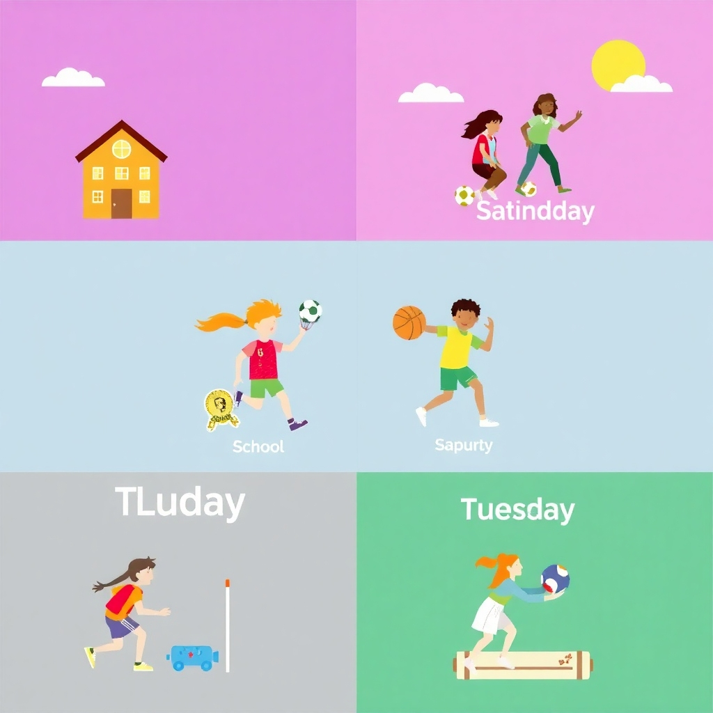 Stylized image illustrating each weekday with a different activity: Monday could be school, Tuesday sports, etc., each scene vibrant and memorable. Use a modern, graphic style and a palette of bold, contrasting colors.