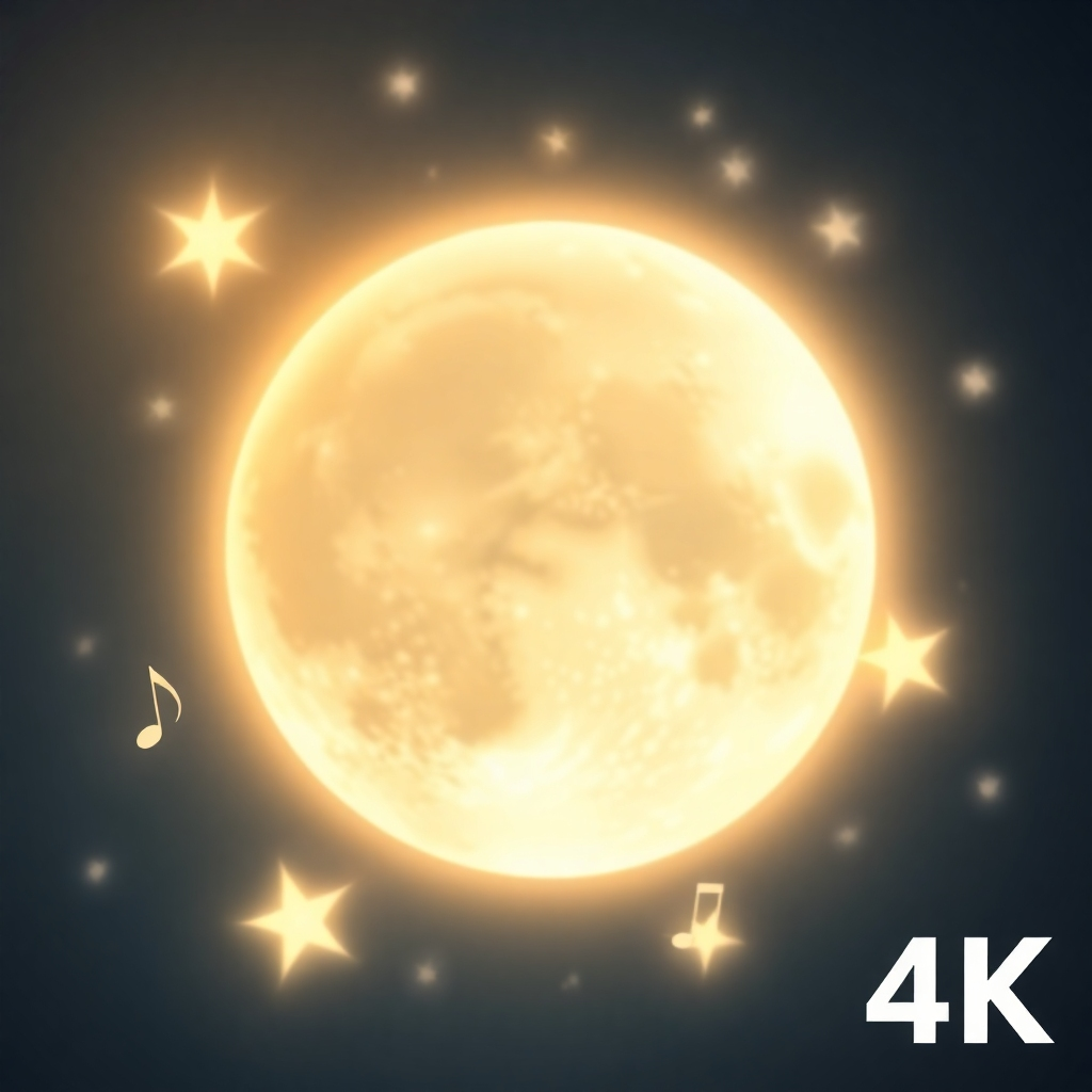 Stylized image of a gentle, glowing moon and stars with subtle musical notes floating around it. Resolution: 4K. Style: Ethereal, mystical.