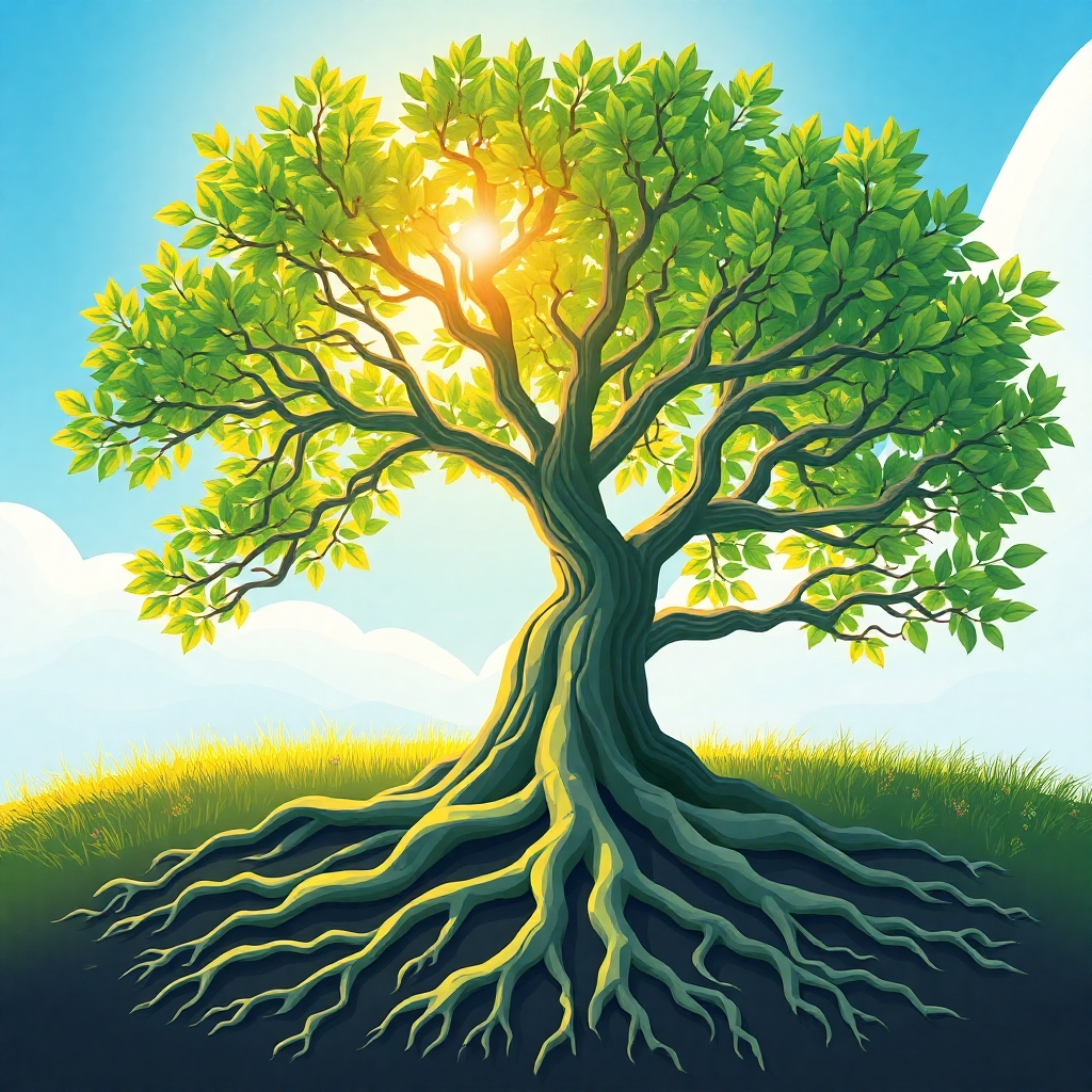 Stylized image of a growing tree with roots that extend into the ground and branches that reach into a bright sky, 4K resolution.  Color palette: Greens, golds and blues. Calm lighting.