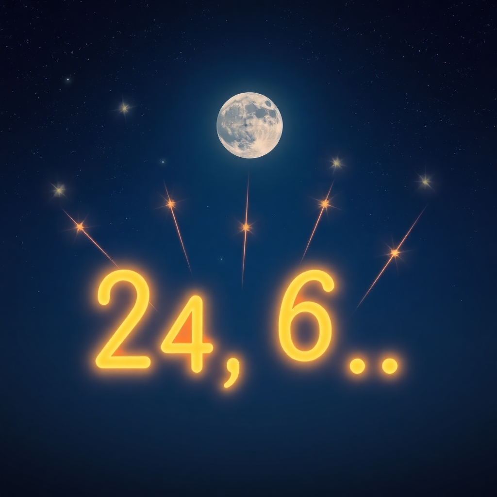 Stylized image of numbers "2, 4, 6..." appearing like shooting stars across a night sky with a moon. Resolution: 4K. Style: Dreamlike, celestial.