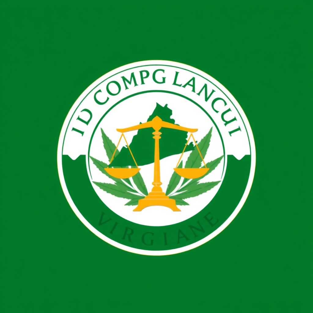 Stylized image representing the concept of legal compliance. It features a badge or seal with symbols of Virginia and Cannabis leaves. Use green, white, and a touch of gold. Consider including scales of justice subtly. Style: Clean, modern graphic design. 4k Resolution.