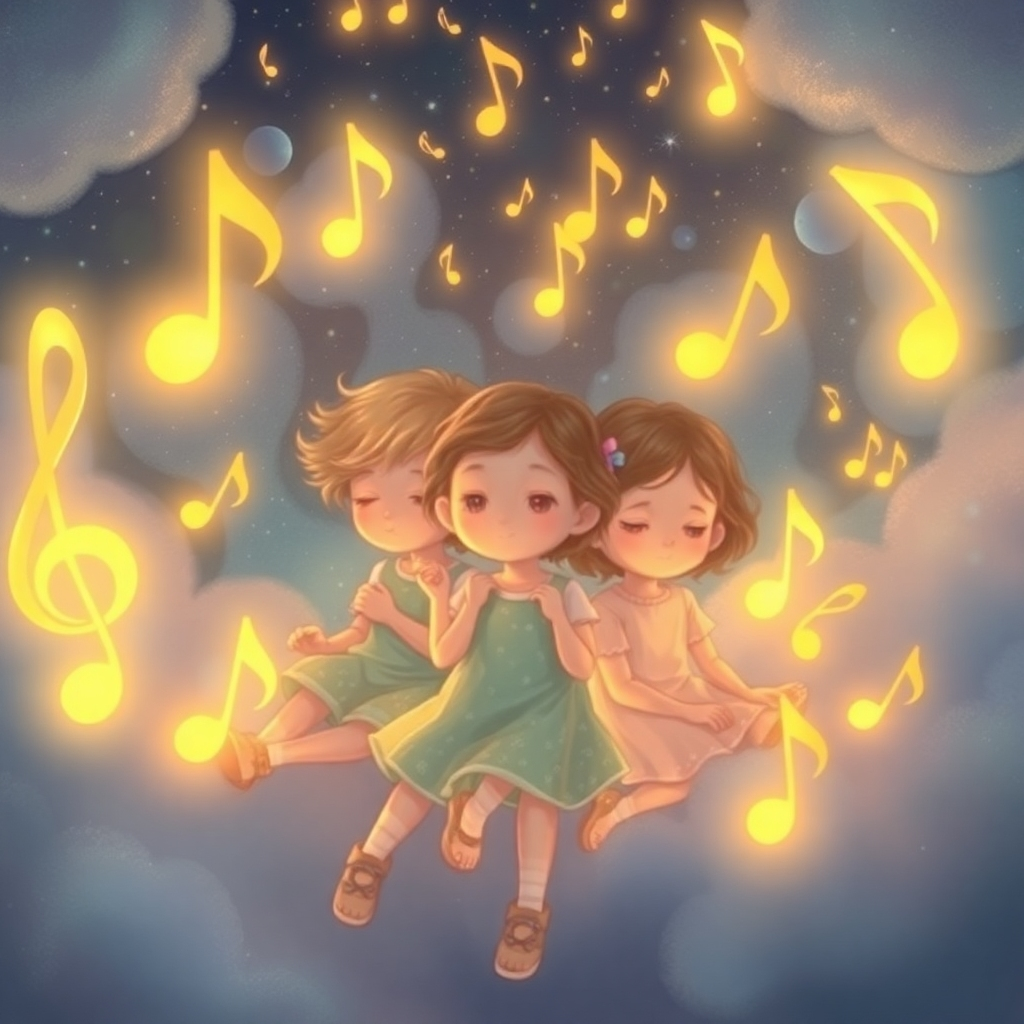 Surreal illustration: Children surrounded by glowing musical notes in the style of a dream. The style should be highly creative and imaginative. Use soft colors, and blend with a soothing mood.