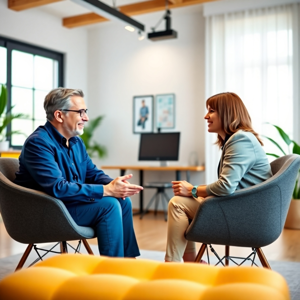 Two people sitting across from each other in a virtual coaching session. One person is the coach, and the other is the client. The coach is listening attentively and providing personalized feedback. The client is engaged and responsive. The background shows a modern, well-equipped home office. The lighting is bright and professional. The style should be photorealistic, capturing the energy and dynamism of the interaction. The color palette should be vibrant and engaging, conveying a sense of collaboration and teamwork. This image should evoke feelings of support, growth, and transformation. Use a slightly lower angle to capture the face expressions.