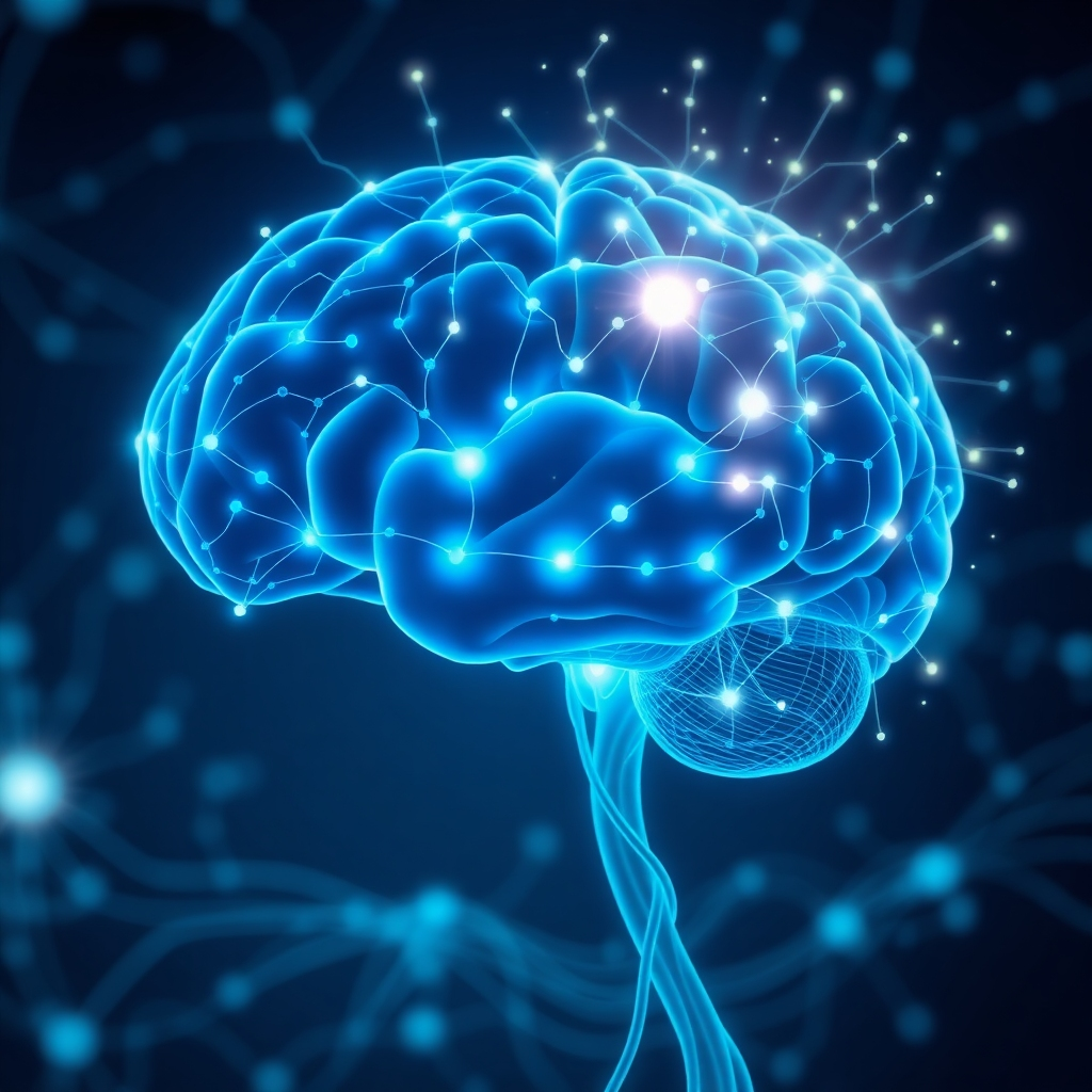 Visualize a brain with interconnected nodes and pathways. Some connections are dim and thin, while others are brightly lit and robust, signifying the strengthening of pathways through affirmations. Use a futuristic, scientific style with glowing lines and data streams. The color scheme should be primarily blues and greens, representing growth and intelligence.