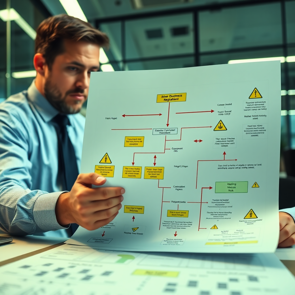 Visualize a business owner studying a complex flowchart representing Virginia's CBD regulations. The flowchart should have arrows indicating pathways to compliance and areas of potential risk. The environment is a modern office setting. Lighting should be bright and focused. Color palette: Greens and blues, with warning signs in yellow. Camera angle: Close-up, focusing on the flowchart and the business owner's determined expression. Technical specs: 4K resolution, high quality.