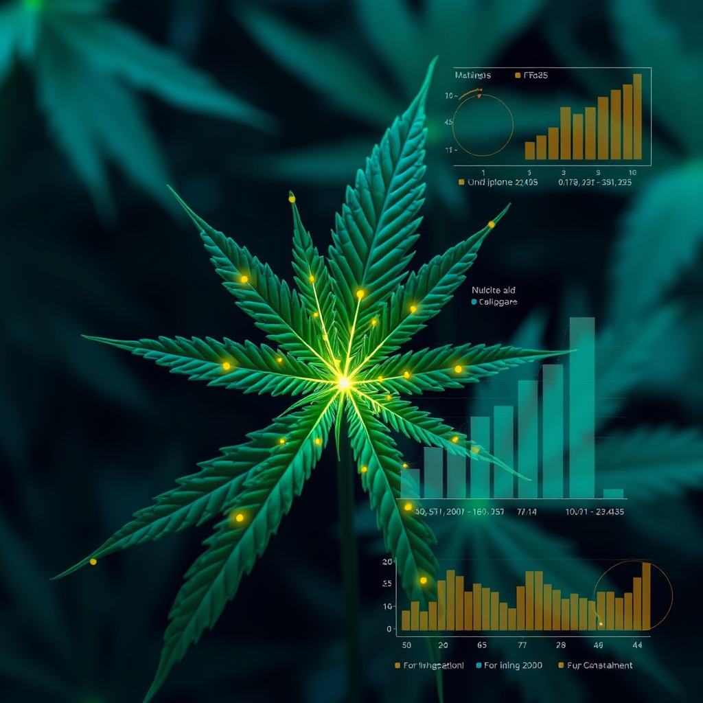 Visualize a cannabis leaf under a microscope, with glowing pathways representing nutrient flow. Overlayed on the leaf are data points and charts, showcasing the study's key findings. The color palette should be a mix of greens, blues, and data-driven highlights (yellow, orange). Style: Scientific visualization, clean and informative.