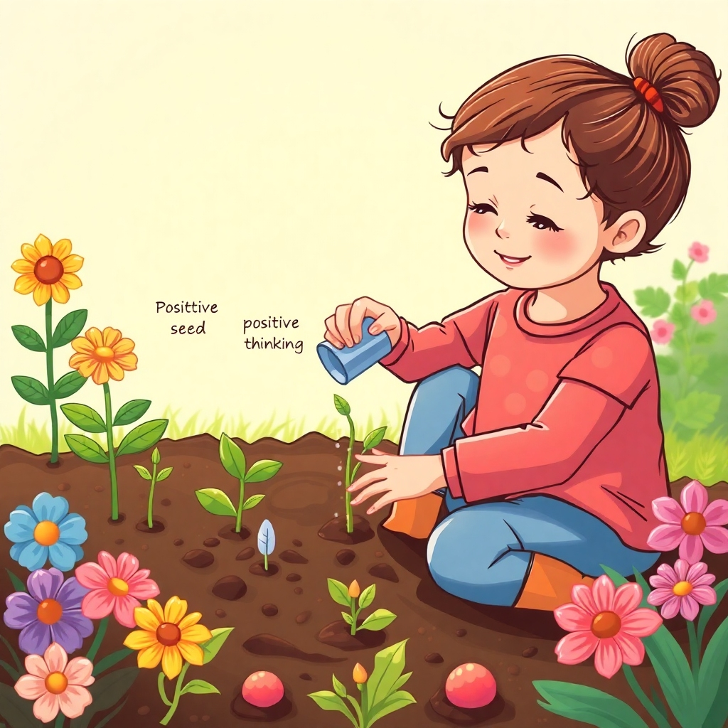 Visualize a child planting seeds in a garden. Each seed represents a positive affirmation. As the child waters the seeds, they sprout and grow into vibrant, healthy plants. The overall scene should convey growth, hope, and the power of positive thinking. Use a bright and cheerful color palette.