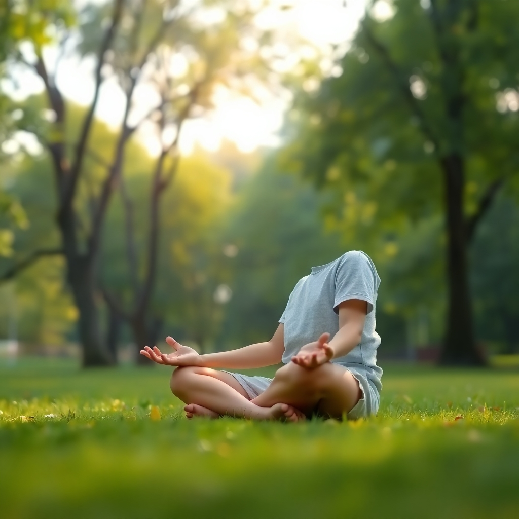 Visualize a child practicing mindfulness meditation in a calm, natural setting (e.g., a park). The child is sitting cross-legged with eyes closed, focusing on their breath. The background is a lush green landscape with soft sunlight filtering through the trees. The overall atmosphere should be peaceful and serene. The style should be photorealistic with a touch of artistic flair. Technical specs: 4K resolution, high quality.