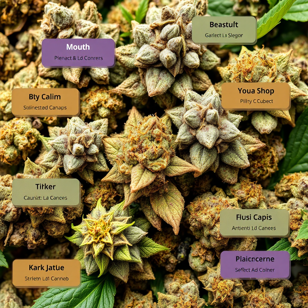 Visualize a close-up shot of various cannabis strains, highlighting their unique characteristics and benefits. Use vibrant colors and detailed textures to showcase the diversity of cannabis genetics. Include labels that identify the strain names and their effects. The style should be informative and visually appealing.