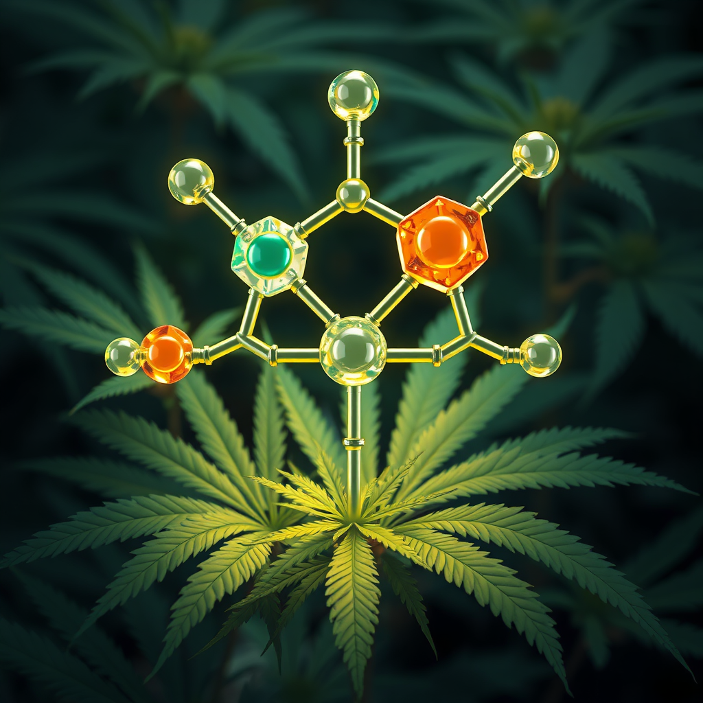 Visualize a complex chemical structure representing a synthetic nutrient, but made of building blocks that resemble natural elements. The structure is brightly lit and surrounded by flourishing cannabis leaves. Style: Modern, clean, and scientific illustration.