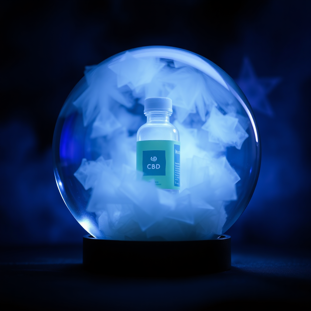 Visualize a crystal ball showing a hazy image of a CBD product. The image is unclear and uncertain, reflecting the ambiguous future of the market. The background should be dark and mysterious. Lighting should be soft and diffused. Color palette: Blues, purples, and grays. Camera angle: Medium shot, focusing on the crystal ball. Technical specs: 4K resolution, high quality.