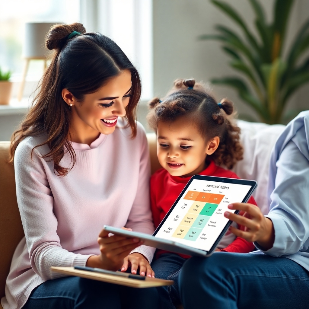 Visualize a friendly consultant sitting with a child, reviewing a chart or digital display showing personalized affirmations. The child looks engaged and positive. The color scheme should be warm and inviting, emphasizing trust and personalized care. Add subtle technological elements to denote the custom nature of the plans.