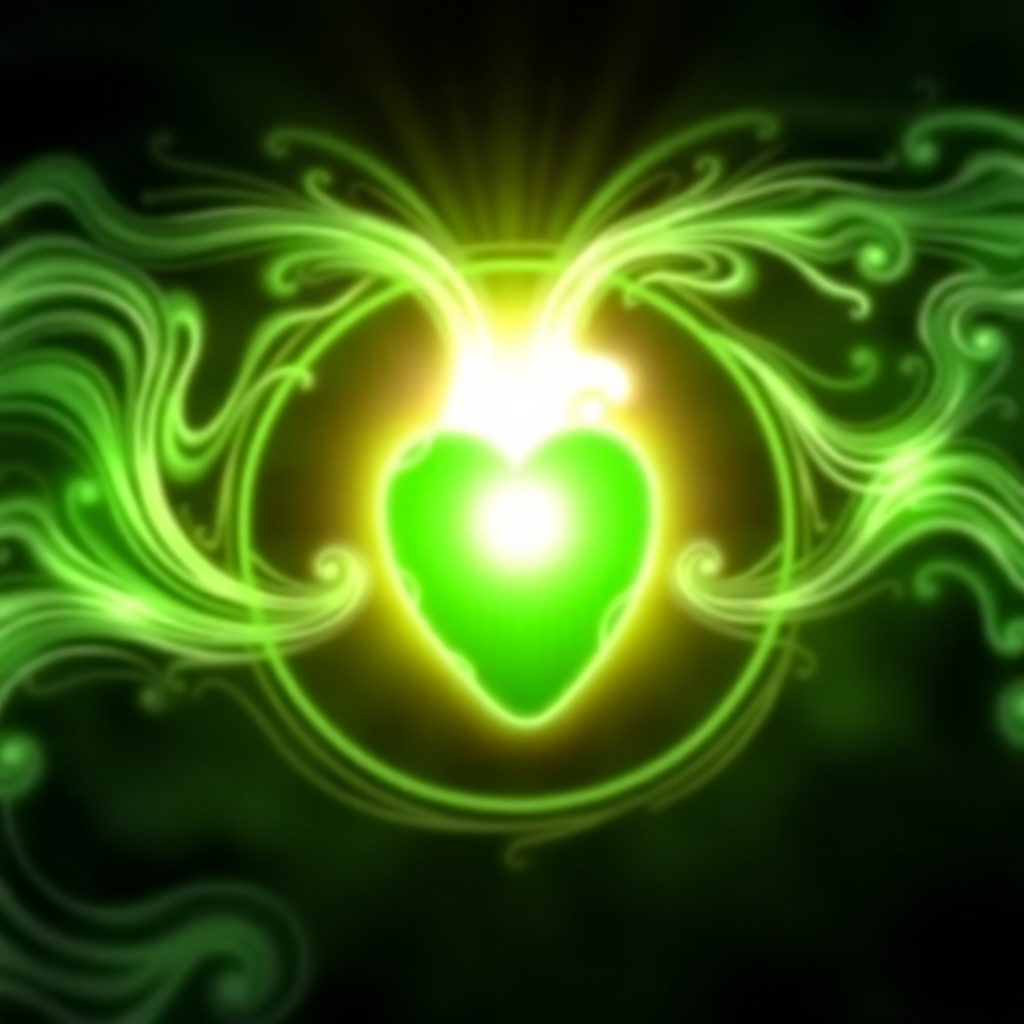 Visualize a heart chakra glowing with a vibrant green light, surrounded by swirling patterns of energy. Subtle sound waves emanate from the heart, symbolizing healing and emotional release. The background should be dark and indistinct, focusing attention on the glowing heart chakra.