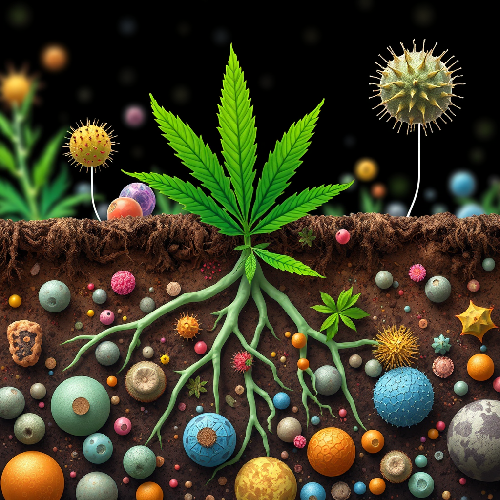 Visualize a microscopic view of soil teeming with beneficial microbes interacting with cannabis roots. Use vibrant colors to highlight the different types of microbes and their functions. Style: Scientific illustration, focusing on detail and accuracy.