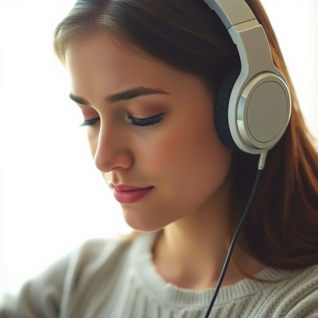 Visualize a person listening attentively with headphones, eyes closed, bathed in a soft, calming light. Their face reflects a sense of peace and focus. The background is blurred and indistinct, emphasizing the person's inner experience.