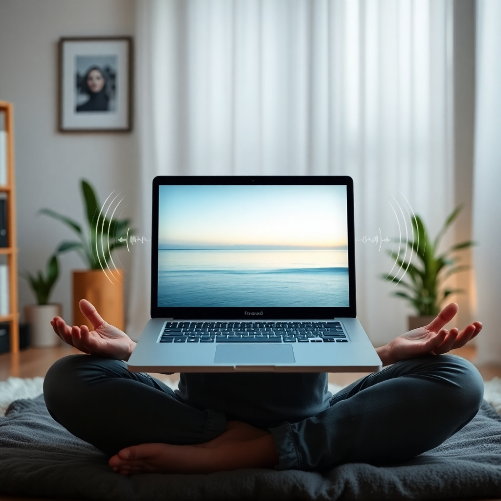 Visualize a person meditating with a laptop in front of them. The laptop screen displays a calming image with subtle affirmations overlaid. Soundwaves gently emanate from the device, visually representing the positive frequencies. The setting is a peaceful, minimalist home office with soft lighting and plants. The image should convey a sense of focus, balance, and well-being. Use a color palette of muted blues and greens with accents of gold. Style: Photorealistic, emphasizing serenity and tech integration.