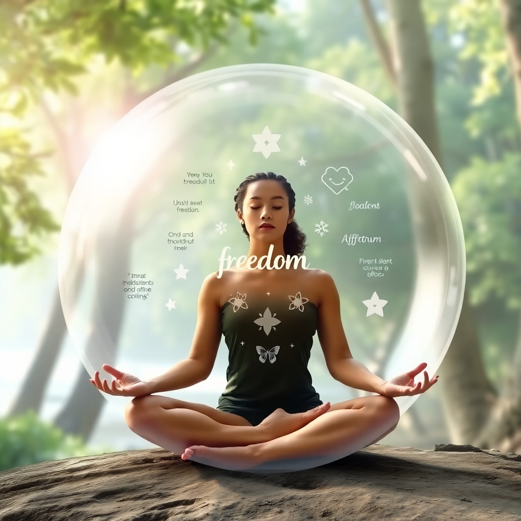Visualize a person meditating, surrounded by a translucent bubble of light. Within the bubble, positive affirmations and symbols of freedom are floating. The background could be a peaceful forest or a serene beach. Style: Dreamy, ethereal, and empowering.