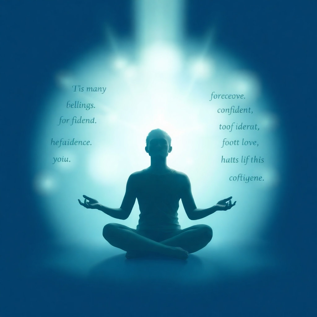 Visualize a person meditating, radiating a sense of calm and confidence. Soft light surrounds them, and positive affirmations are subtly displayed in the background. Use a calming color palette of blues and greens. Style: Serene and peaceful.