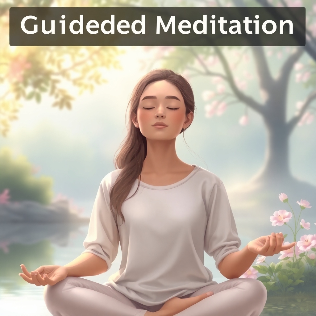 Visualize a person peacefully meditating in a serene setting, listening to a guided meditation. The scene is tranquil and calming, with soft lighting and natural elements such as trees, flowers, and water. The person's expression is serene and focused. Digital art, soft colors, high resolution.