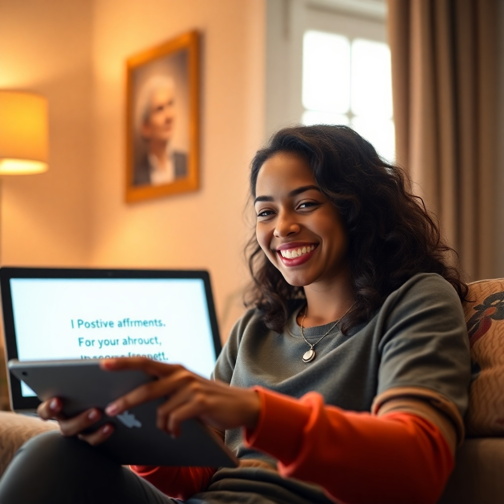 Visualize a person smiling and confidently using a digital device. Positive affirmations are subtly displayed on the screen in the background. Use warm, inviting colors to create a positive and encouraging atmosphere. The setting is a comfortable home environment. Style: Photorealistic, emphasizing positivity and empowerment.