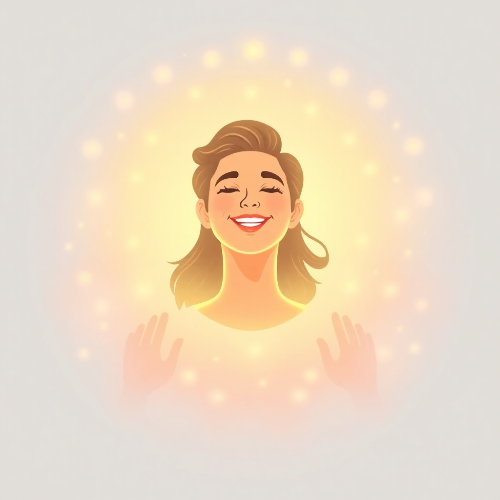 Visualize a person surrounded by a gentle, glowing aura of positive energy. The colors are soft and inviting, representing happiness and good fortune. Style: Stylized, dreamy.