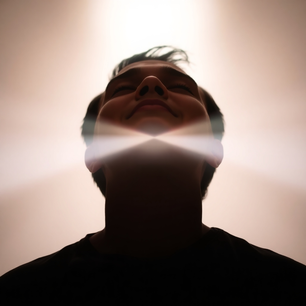 Visualize a person with their eyes closed, head tilted upwards, bathed in a beam of soft, white light descending from the sky. Their expression is one of peaceful reverence and connection to a higher power. The background should be blurred and indistinct, focusing attention on the light and the person.