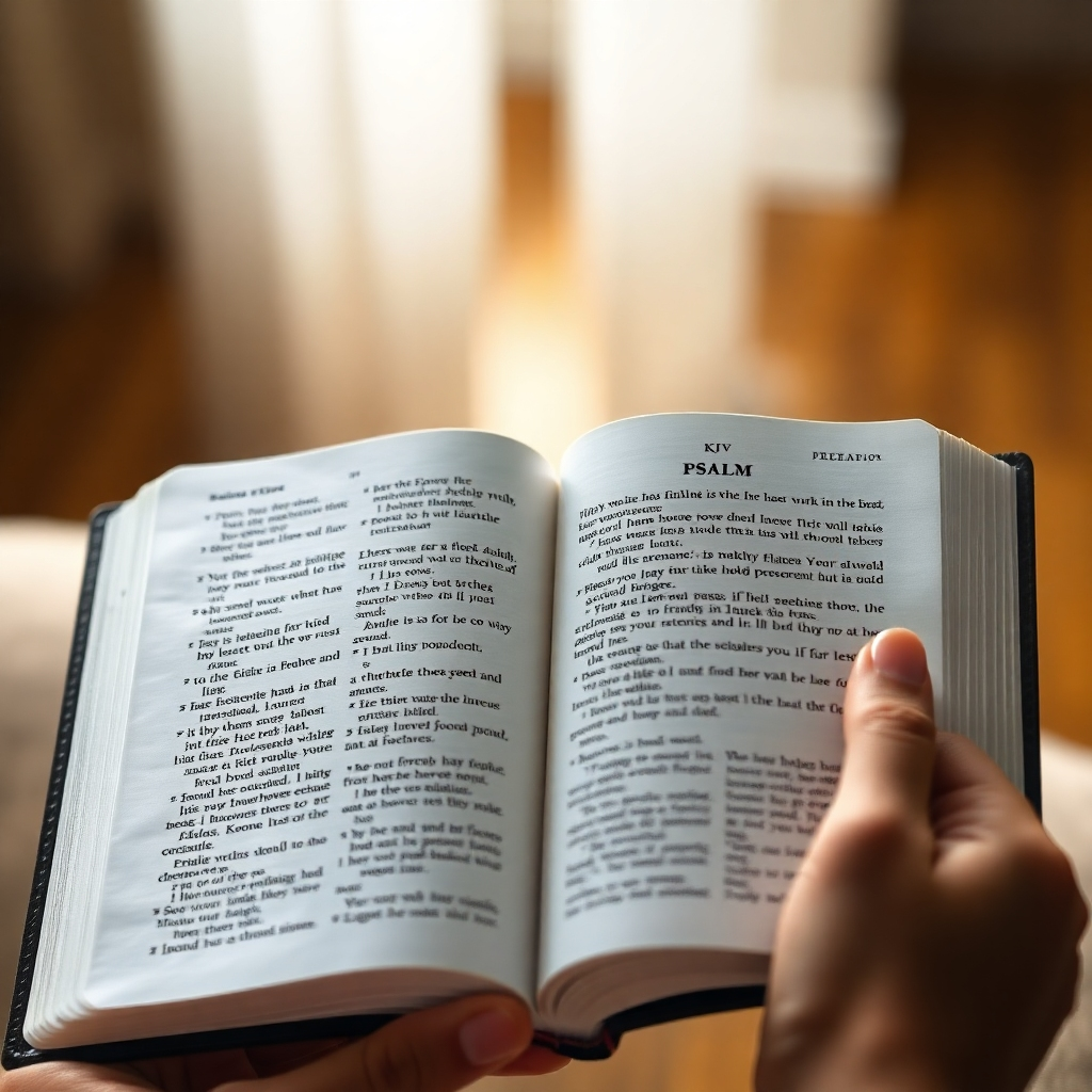 Visualize a photorealistic image of a person gently holding an open KJV Bible. The focus is on their hands and the pages of the Bible. Soft, diffused light illuminates the scene, creating a sense of intimacy and comfort. The background is blurred, suggesting a peaceful and serene environment. The Psalm highlighted on the page should be visible but not distracting. Photorealistic, high resolution.