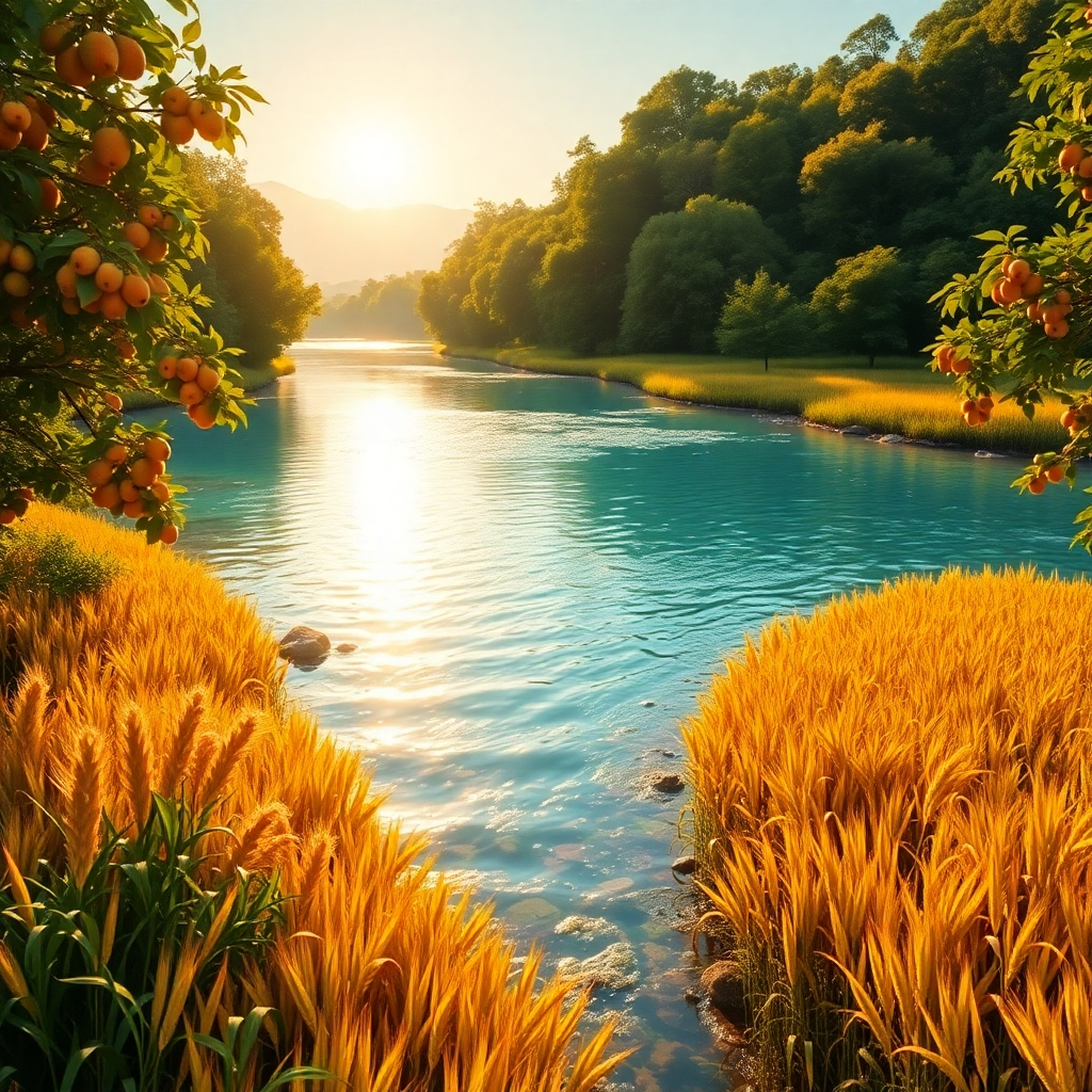 Visualize a serene river flowing through a lush landscape. The water is crystal clear, reflecting the golden light of the sun. Along the riverbanks, abundance is overflowing, with fruit trees laden with ripe fruit and fields of golden grain. The overall feeling is one of peace, prosperity, and divine abundance. 4K Resolution.