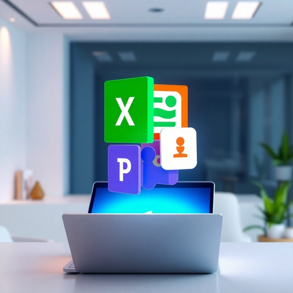 Visualize a stack of glowing Microsoft Office applications icons (Word, Excel, PowerPoint, Teams) hovering above an open laptop. The background is a clean, modern workspace with soft lighting. Focus on capturing the sense of empowerment and control that comes with mastering these tools. Use the official Microsoft color palette. Style: Clean, professional, and high-tech.