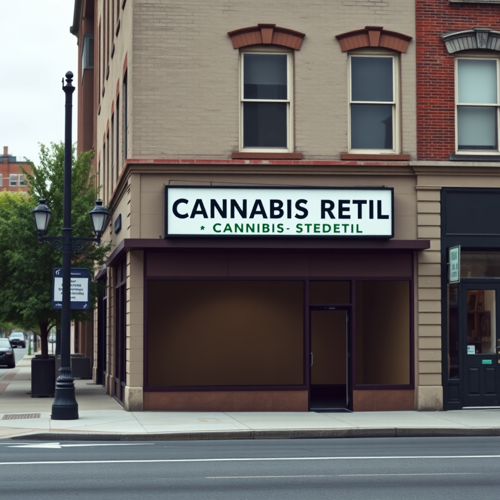 Visualize a street scene in Norfolk, Virginia, in 2025. Show a building with a sign that reads 'Future Cannabis Retail - Coming Soon' or similar. The building is currently empty, symbolizing the retail gap. The scene should evoke a sense of anticipation and potential. The color palette should be muted, with hints of green to represent cannabis. The style should be photorealistic and contemporary.