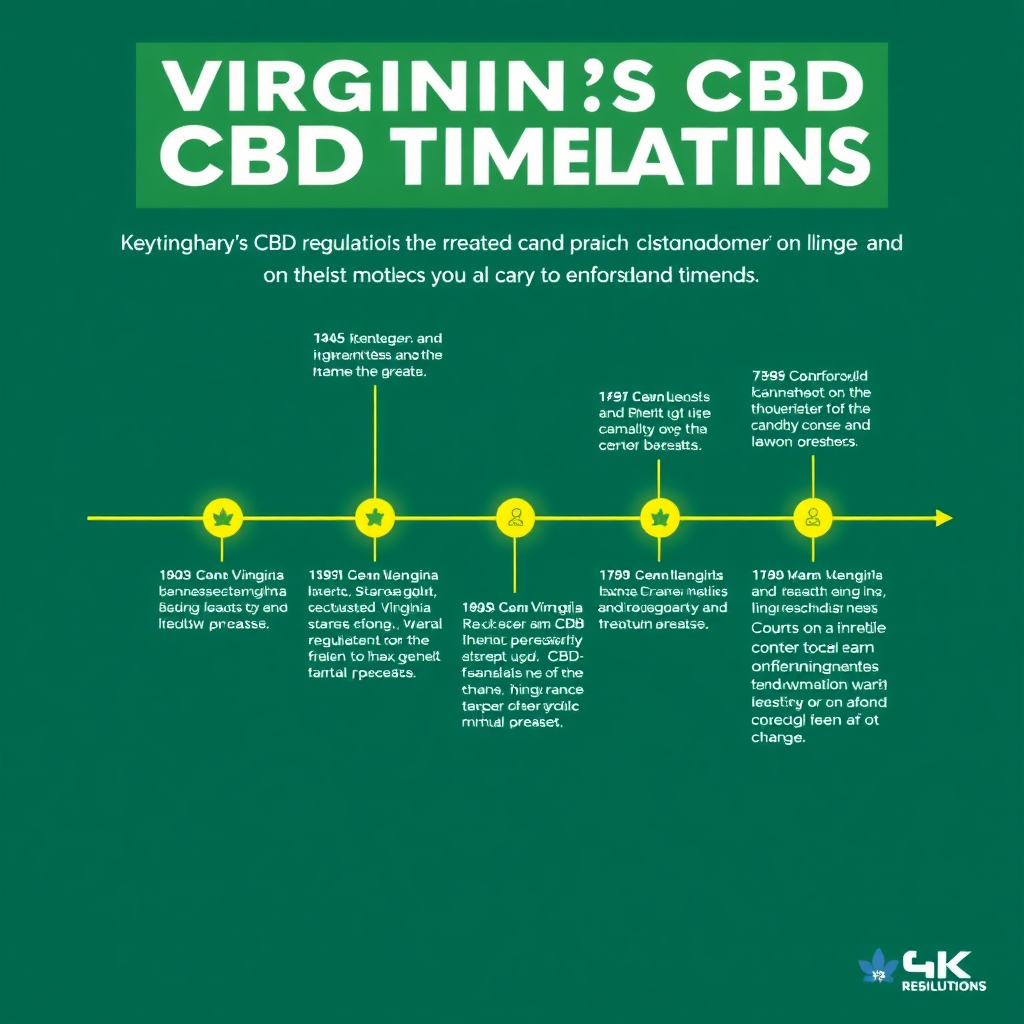 Visualize a timeline highlighting key changes in Virginia's CBD regulations. Each milestone should be marked with a symbol representing the change. The timeline should be clear and easy to understand. Lighting should be bright and informative. Color palette: Greens and blues, with accents of yellow to highlight important changes. Camera angle: Wide-angle, capturing the entire timeline. Technical specs: 4K resolution, high quality.