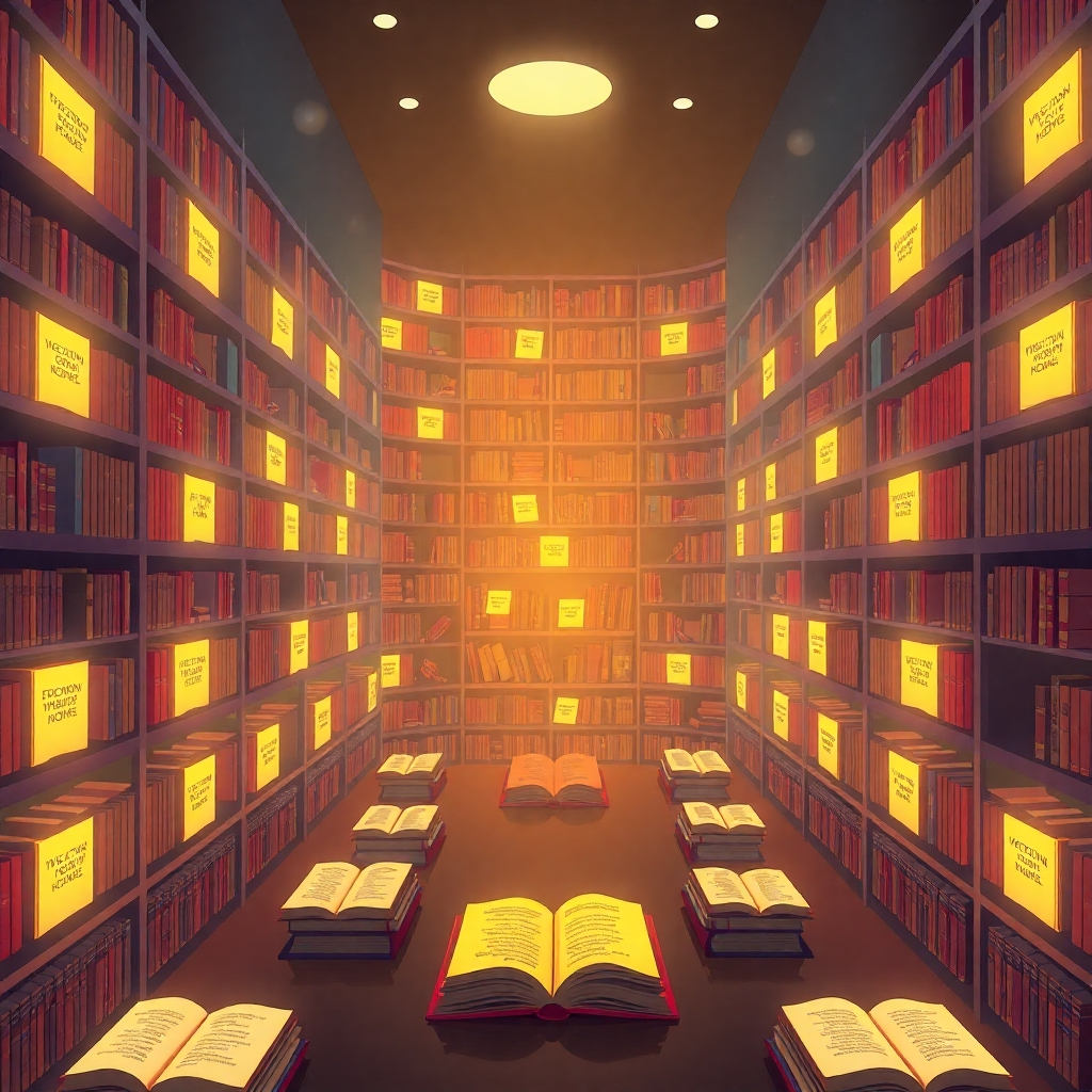 Visualize a vast digital library filled with glowing books, each representing a different affirmation. The scene should convey knowledge, empowerment, and accessibility. Style: Stylized, modern.