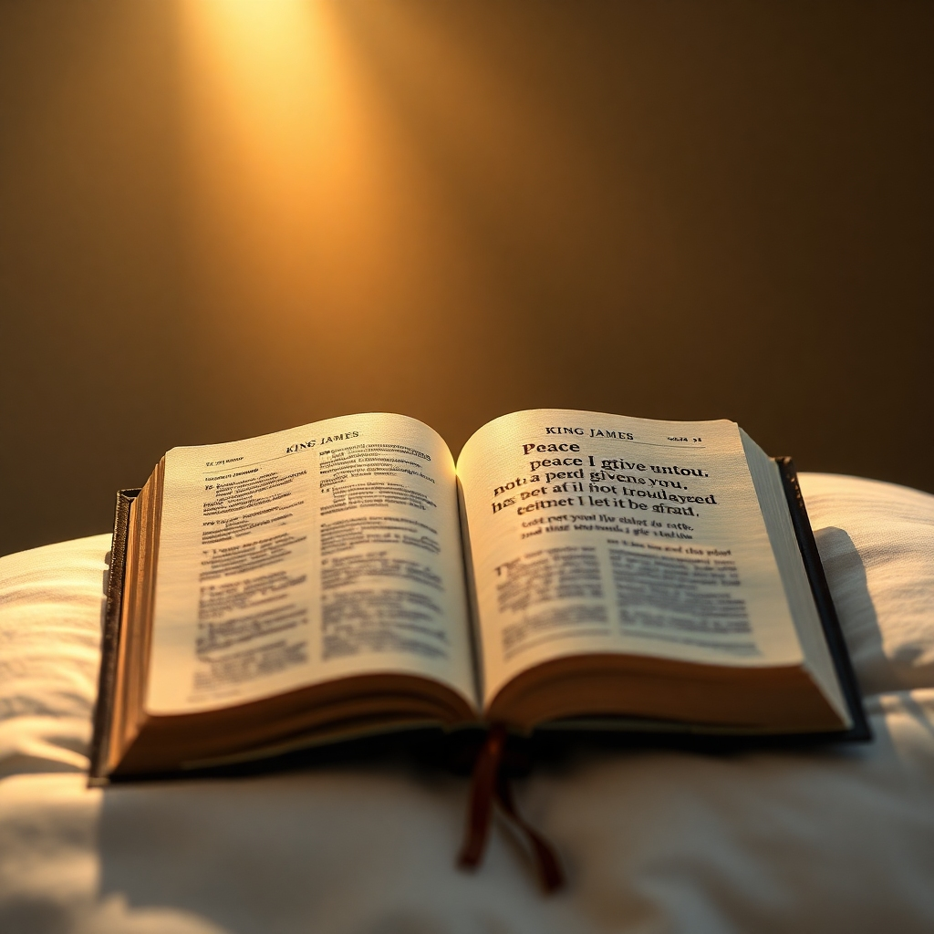 Visualize an open King James Bible resting on a soft, white pillow. A single beam of light shines down, illuminating the verse 'Peace I leave with you, my peace I give unto you: not as the world giveth, give I unto you. Let not your heart be troubled, neither let it be afraid.' The scene should be bathed in a warm, comforting light, evoking feelings of safety and tranquility. Style: Photorealistic, soft focus, 4K resolution.
