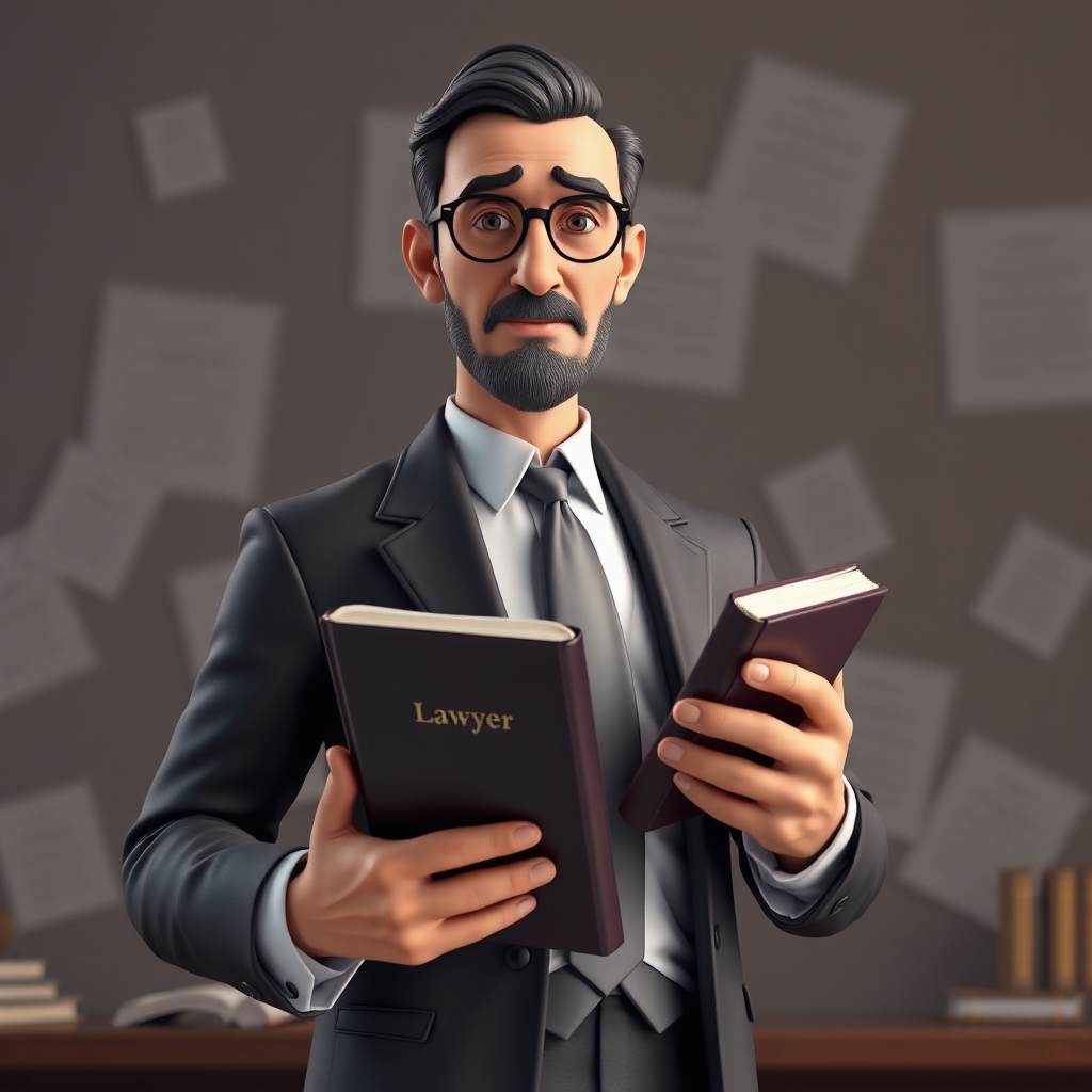 Create a photorealistic image of a distinguished lawyer holding a law book, with a subtle background featuring legal symbols and documents. The lighting should be dramatic and focused, emphasizing the lawyer's expertise and authority. Use a classic, timeless style with a muted color palette. 4K resolution.