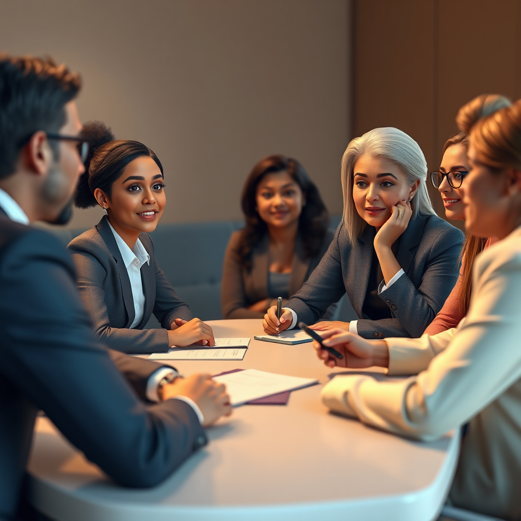 Create a photorealistic image of a diverse group of individuals sitting around a table, engaging in a consultation with a lawyer. The lighting should be warm and inviting, highlighting the faces of the participants. The color palette should be muted and professional, conveying trust and competence. Focus on capturing the expressions of understanding and reassurance. 4K resolution.