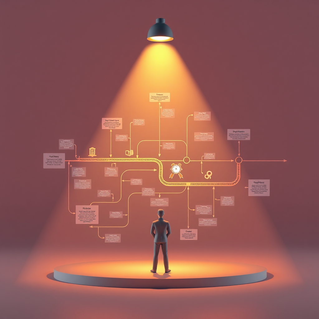 Create a stylized image depicting a complex legal roadmap or flowchart, illuminated by a bright spotlight. The roadmap should represent the personalized legal strategies developed for each client. Use a modern, minimalist design with a vibrant color palette. 4K resolution.